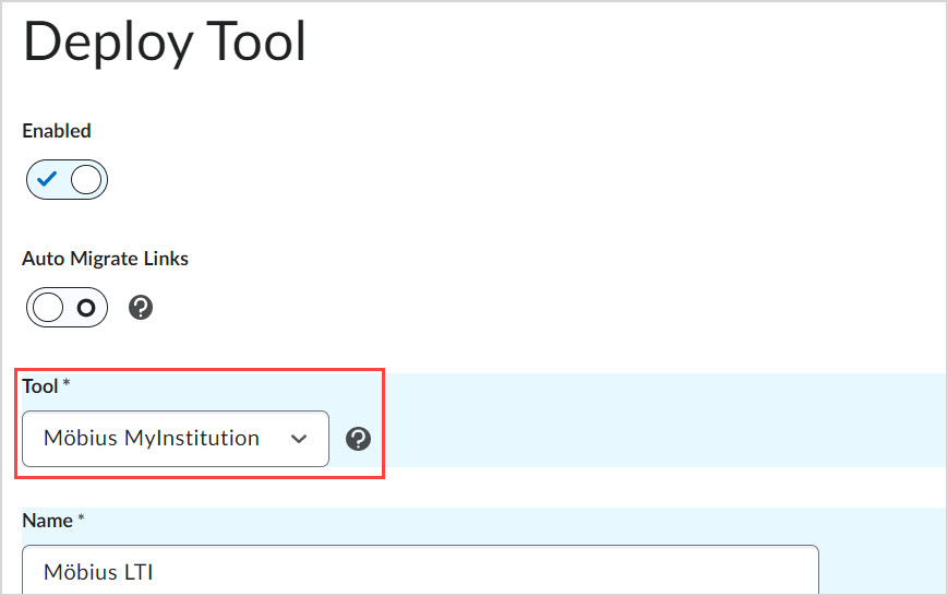 Deploy Tool select dropdown On the Deploy Tool page, the Mobius MyInstitution tool is selected from the Tool dropdown menu.
